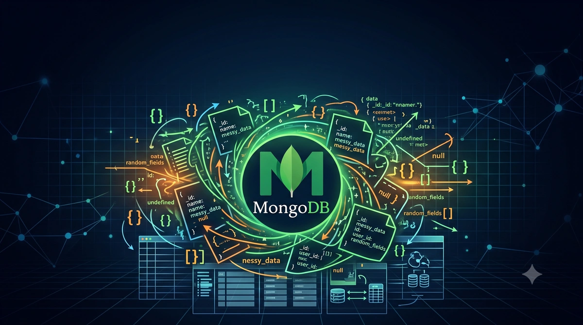 A UK office desk with a laptop showing a MongoDB JSON schema validator script in an editor